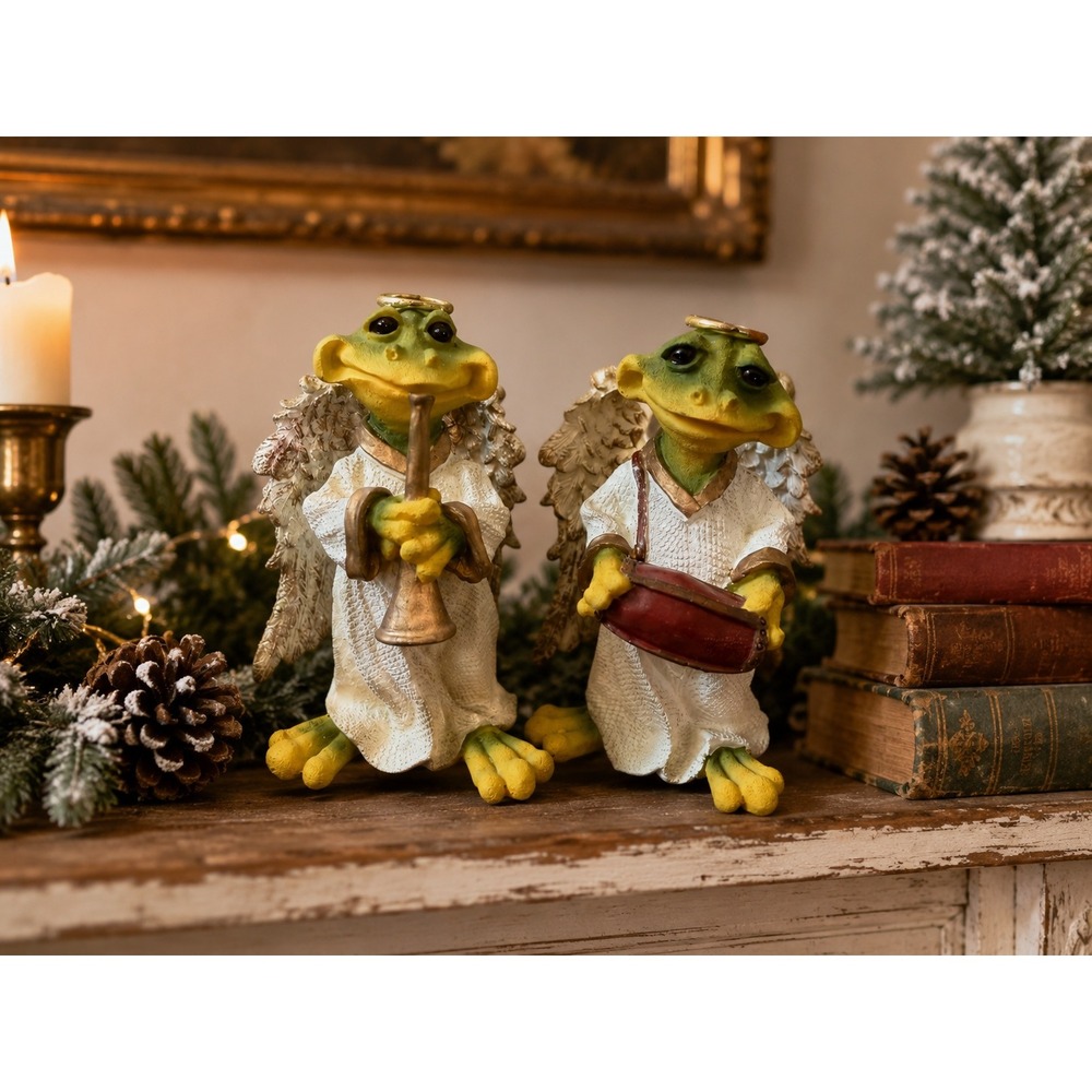 Vintage Frog Angel Figurines Pair Anthropomorphic Christmas‎ Shelf Sitters